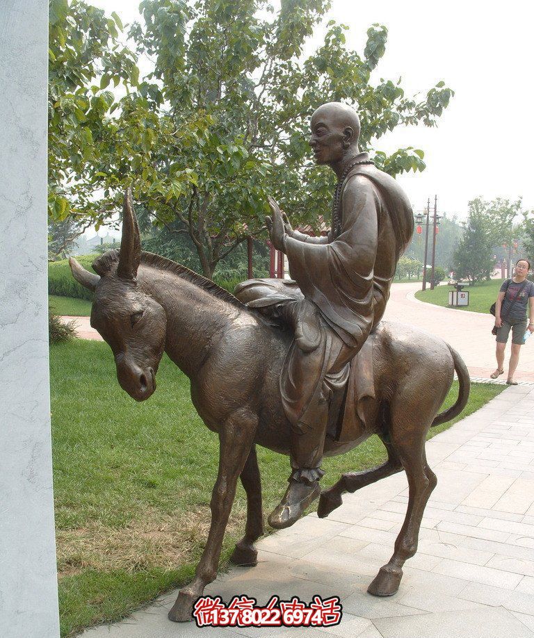 銅雕塑和尚著毛驢騎，精美雕塑，祥和園林