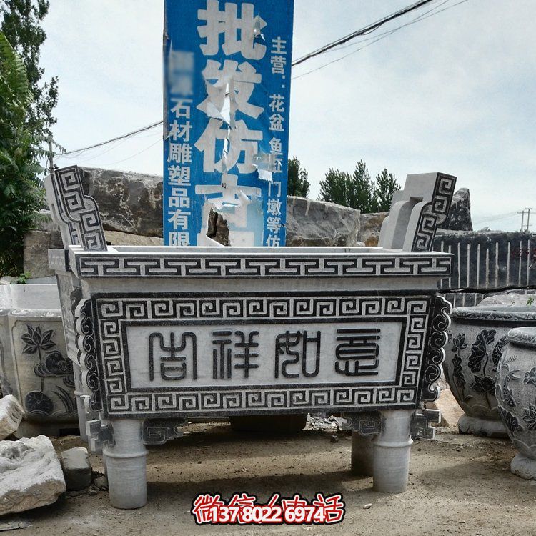 大理石石雕香爐擺件，古樸寺廟風情景觀