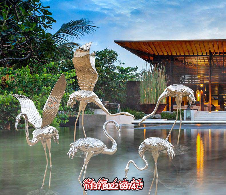 不銹鋼火烈鳥雕塑，游樂園擺放鏡面裝點