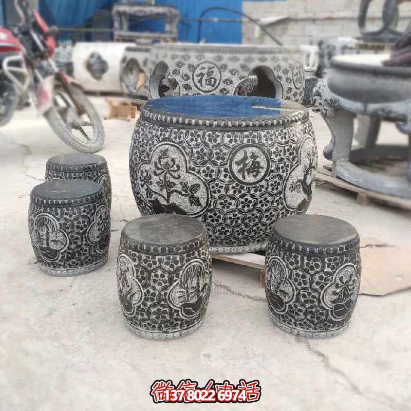 梅蘭菊竹浮雕石桌石凳，休閑庭院圓形裝飾