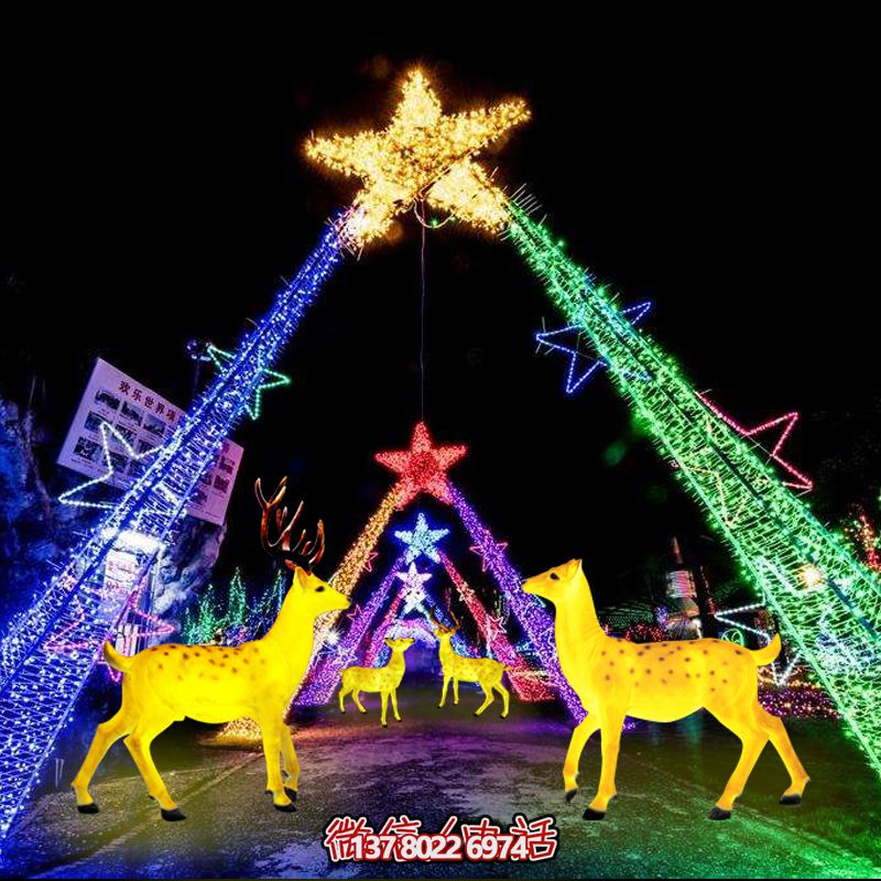 彩繪梅花鹿玻璃鋼雕塑，照明發(fā)光環(huán)繞