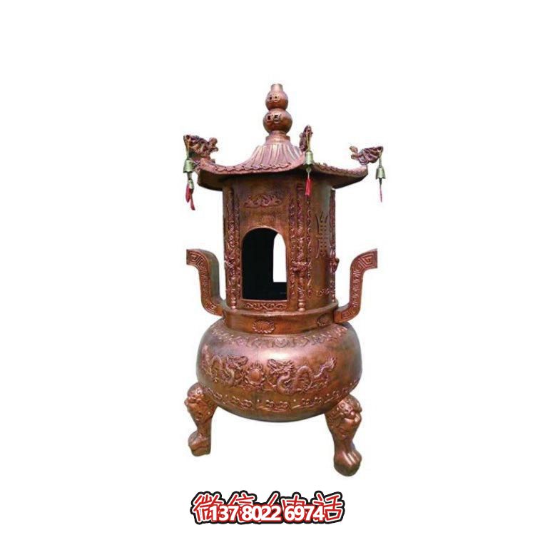 純銅香爐四柱舍利塔，裝飾寺院舍利