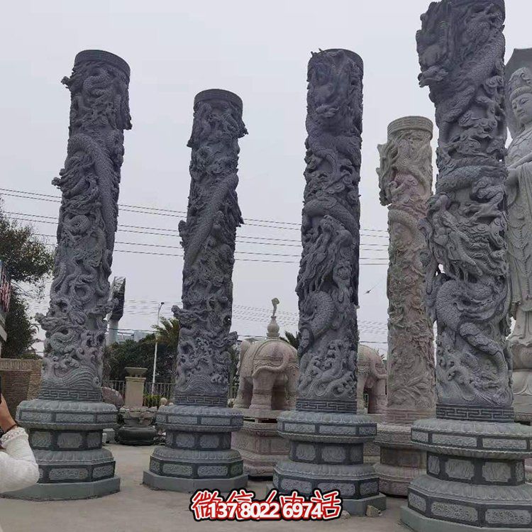 青石浮雕龍柱，精美石雕園林景觀裝飾