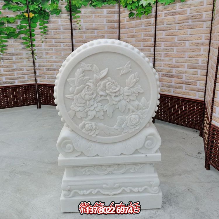 中式風(fēng)格天然漢白玉石雕抱鼓浮雕門墩，花開富貴