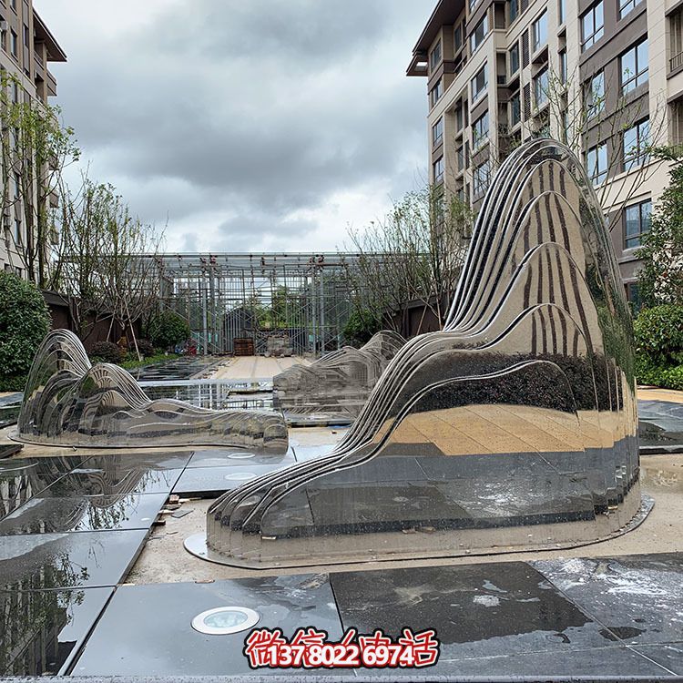 假山雕塑+不銹鋼噴泉，完美結(jié)合抽象鏡面美學(xué)