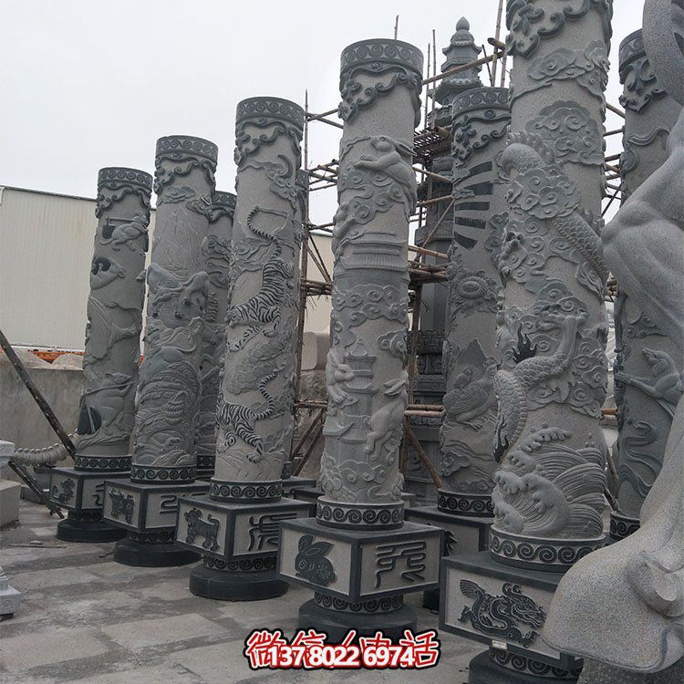 精美石雕十二生肖浮雕，傳承文化，點綴廣場柱子