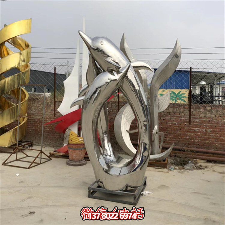 精美不銹鋼海豚雕塑，為您的戶外廣場增添水景鏡面美感