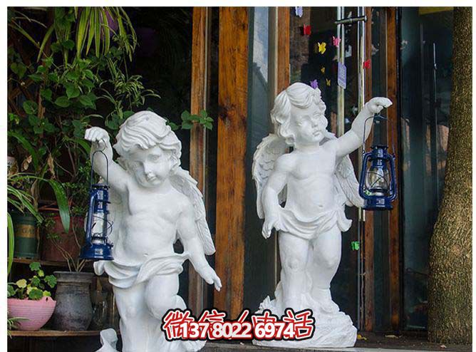 精美靈動(dòng)的漢白玉提燈小天使石雕