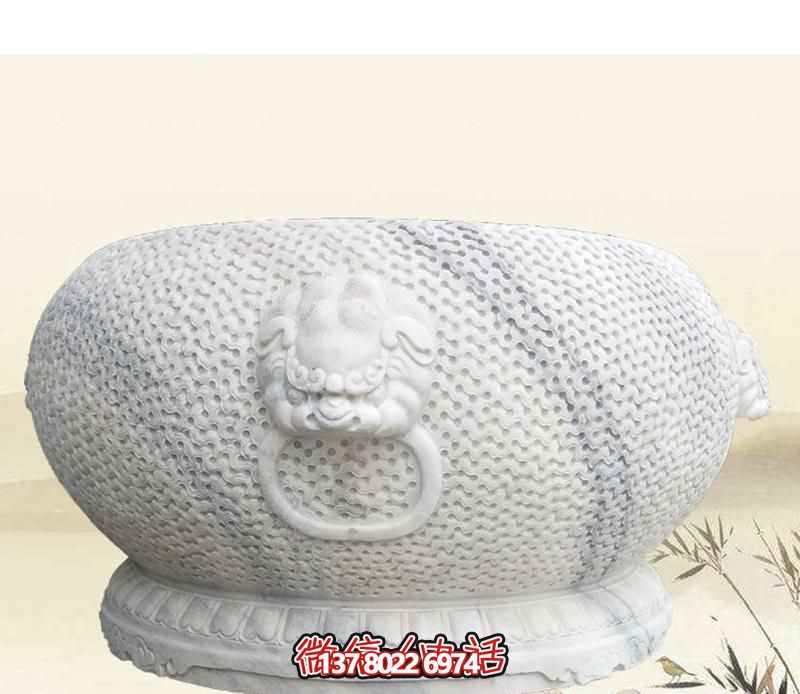 精美狴犴圓形雕塑，點(diǎn)綴庭院水缸浮雕