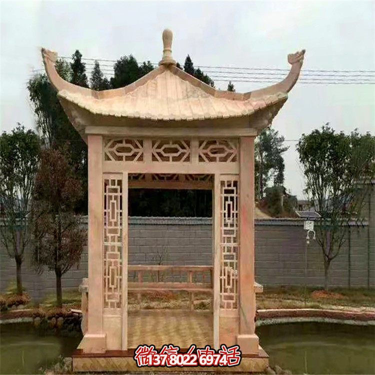 紅石雕鏤涼亭，晚霞中空中創(chuàng)意雕塑