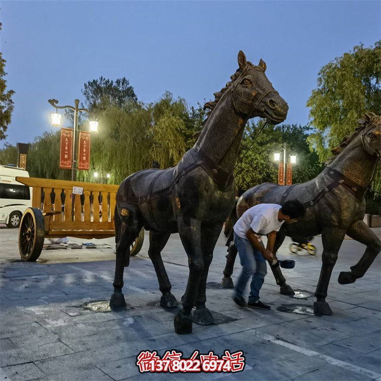 仿古銅中式馬拉車玻璃鋼景觀雕塑，非凡戶外擺放裝飾