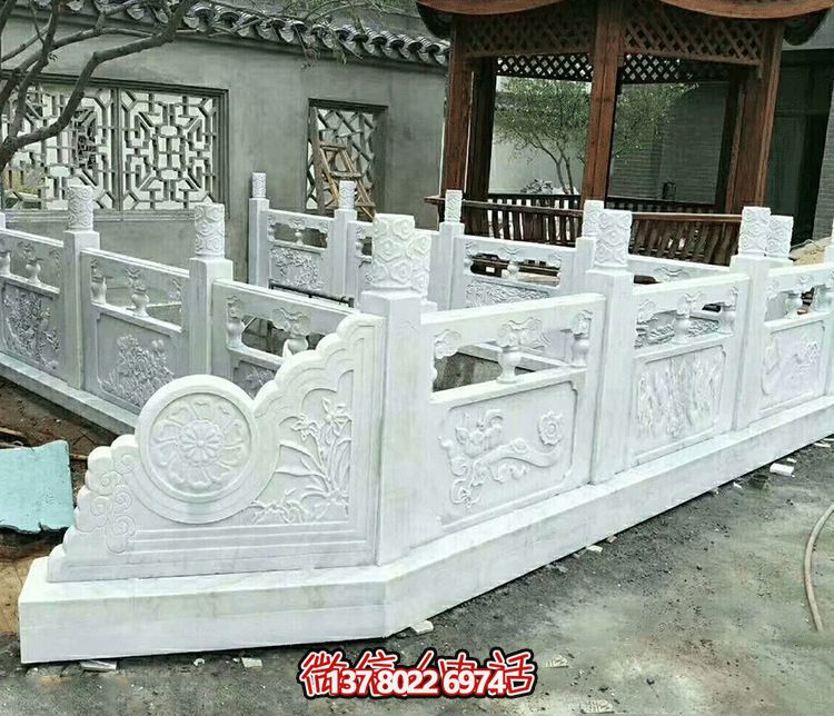 唯美古典庭院，池塘裝飾雕塑，漢白玉欄桿