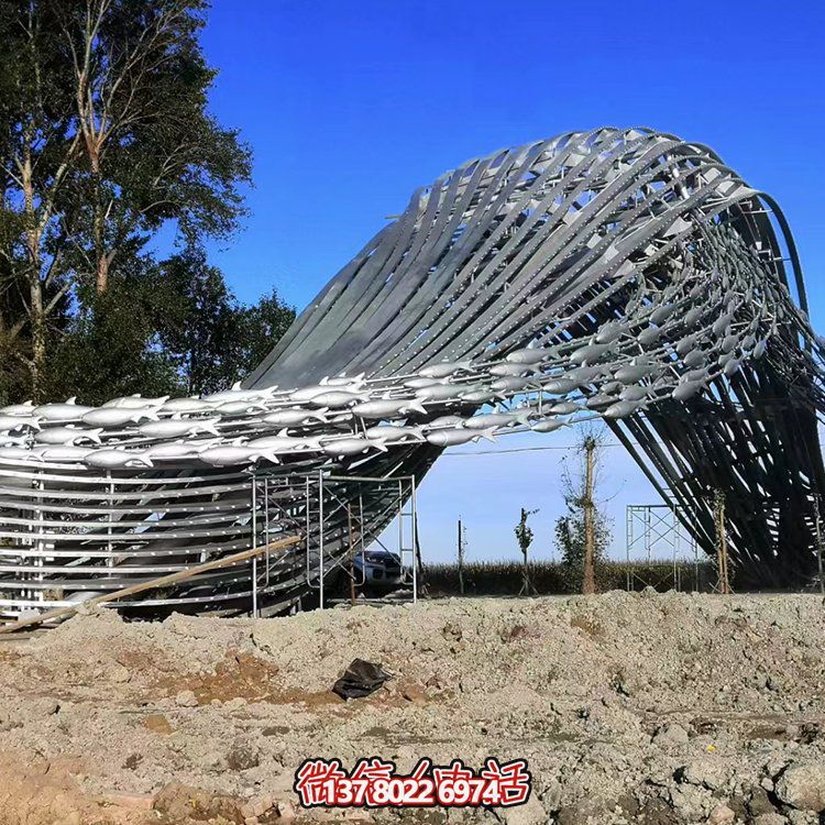 沖浪魚群、水波不銹鋼景觀雕塑