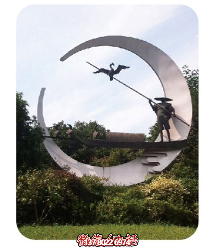 別墅園林?jǐn)[放不銹鋼鸕鶿和漁翁玻璃鋼雕塑