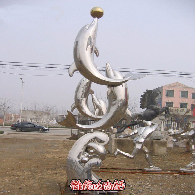 海洋館戶(hù)外水池?cái)[放不銹鋼鏡面海豚小品雕塑
